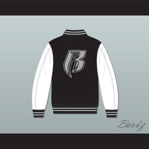 Ruff Ryders Black and White Varsity Letterman Jacket-Style Sweatshirt