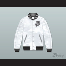 Load image into Gallery viewer, Ruff Ryders White Varsity Letterman Satin Bomber Jacket