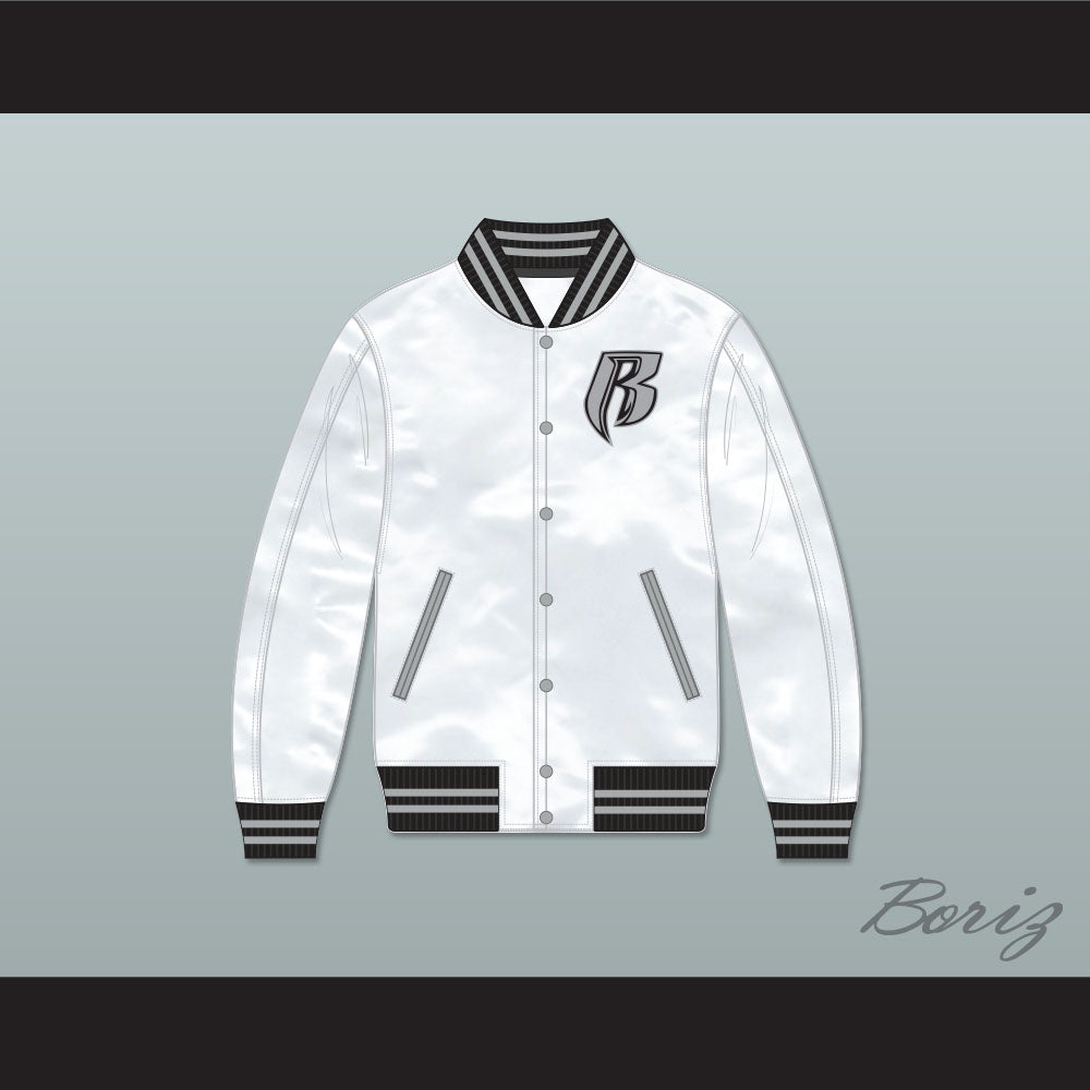Ruff Ryders White Varsity Letterman Satin Bomber Jacket