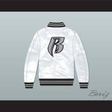 Load image into Gallery viewer, Ruff Ryders White Varsity Letterman Satin Bomber Jacket