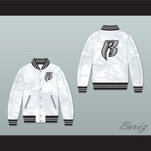 Load image into Gallery viewer, Ruff Ryders White Varsity Letterman Satin Bomber Jacket