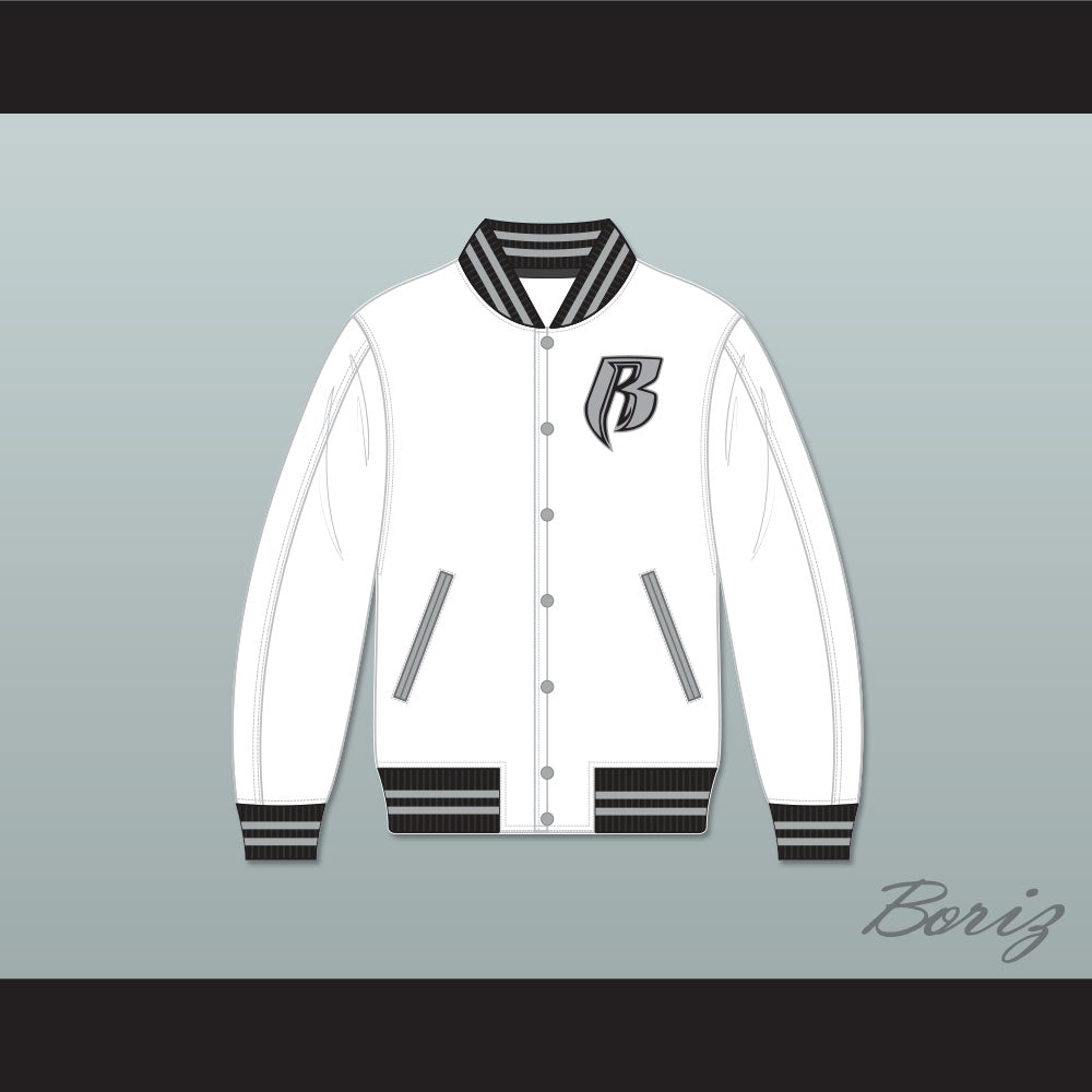 Ruff Ryders White Varsity Letterman Jacket-Style Sweatshirt