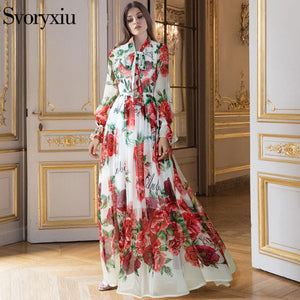 Runway Designer Boho Maxi Dress Women's Elegant Beach Vacation Flower Printing Long Dress Bow Collar Floor-Length Party Dresses