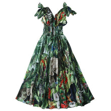 Load image into Gallery viewer, Runway Forest Animal Print Green Maxi Dress 2020 Summer Women&#39;s Bow tie Strap V-Neck High Elastic Waist Chiffon Long Dress