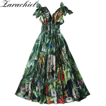 Load image into Gallery viewer, Runway Forest Animal Print Green Maxi Dress 2020 Summer Women&#39;s Bow tie Strap V-Neck High Elastic Waist Chiffon Long Dress