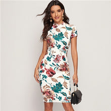 Load image into Gallery viewer, SHEIN Multicolor Mock-Neck Form Fitted Floral Print Dress Women Spring Cap Sleeve Bodycon Elegant Pencil Midi Dresses