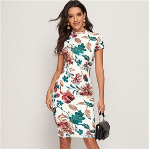SHEIN Multicolor Mock-Neck Form Fitted Floral Print Dress Women Spring Cap Sleeve Bodycon Elegant Pencil Midi Dresses