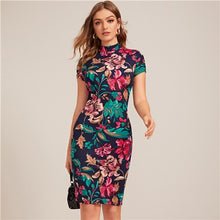 Load image into Gallery viewer, SHEIN Multicolor Mock-Neck Form Fitted Floral Print Dress Women Spring Cap Sleeve Bodycon Elegant Pencil Midi Dresses