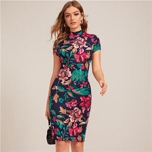SHEIN Multicolor Mock-Neck Form Fitted Floral Print Dress Women Spring Cap Sleeve Bodycon Elegant Pencil Midi Dresses