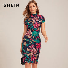Load image into Gallery viewer, SHEIN Multicolor Mock-Neck Form Fitted Floral Print Dress Women Spring Cap Sleeve Bodycon Elegant Pencil Midi Dresses