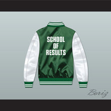 Load image into Gallery viewer, Manifest School of Results Green/ White Varsity Letterman Satin Bomber Jacket