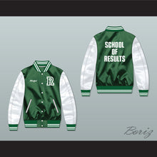 Load image into Gallery viewer, Manifest School of Results Green/ White Varsity Letterman Satin Bomber Jacket