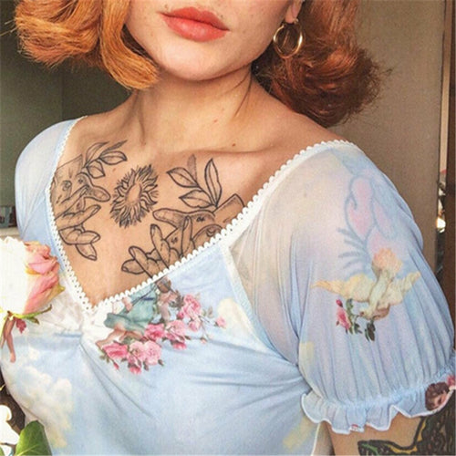 See Through Crop Top Women Ruffles Short Sleeve Fishnet V Neck Angel Cupid Print Lace Up Camisole Female Loose Casual T-Shirts