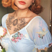 Load image into Gallery viewer, See Through Crop Top Women Ruffles Short Sleeve Fishnet V Neck Angel Cupid Print Lace Up Camisole Female Loose Casual T-Shirts