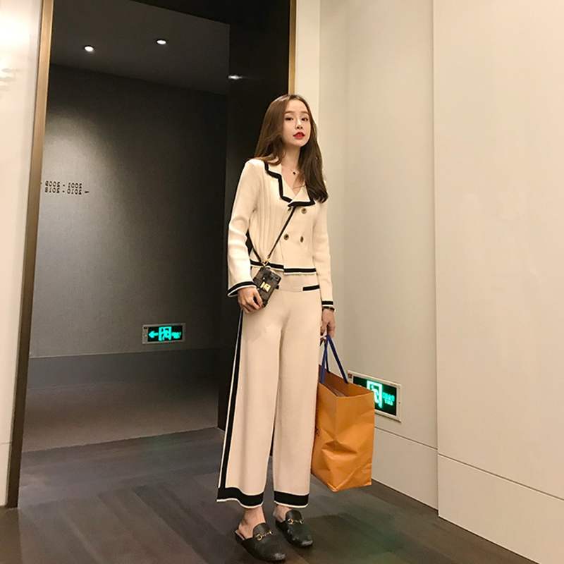 Set female spring and autumn fashion temperament small fragrant knit wide leg pants suit new loose shirt two-piece