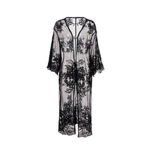 Load image into Gallery viewer, Sexy Black White Bohemian Solid Kimono Coat Women Beach Loose Lace Transparent Long Beach Party Wear Female 2019 Summer Autumn