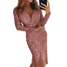 Load image into Gallery viewer, Sexy Golid Silver Glitter Dresses For Women Deep V Neck Sequin Midi Bodycon Dress Autumn Winter Long Sleeve Dinner Party Dress