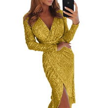 Load image into Gallery viewer, Sexy Golid Silver Glitter Dresses For Women Deep V Neck Sequin Midi Bodycon Dress Autumn Winter Long Sleeve Dinner Party Dress