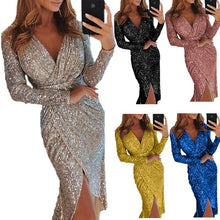 Load image into Gallery viewer, Sexy Golid Silver Glitter Dresses For Women Deep V Neck Sequin Midi Bodycon Dress Autumn Winter Long Sleeve Dinner Party Dress