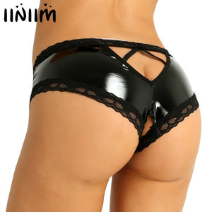 Sexy Panties for Women Lingerie Wetlook Patent Leather Lace Open Crotch Hole V-Back Mini Briefs Ladies Underwear free shipping