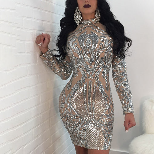 Sexy Sequined Dress Spring Cotton Print Stand Neck Slim Long Sleeve Above Knee Mini Pencil Dress Women's Sexy Nightclub Style