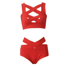 Load image into Gallery viewer, Sexy Women Bra Set Cut Out Deep V-Neck Bra High Waist Triangle Bandage Two Piece Summer Beachwear Sets biquini