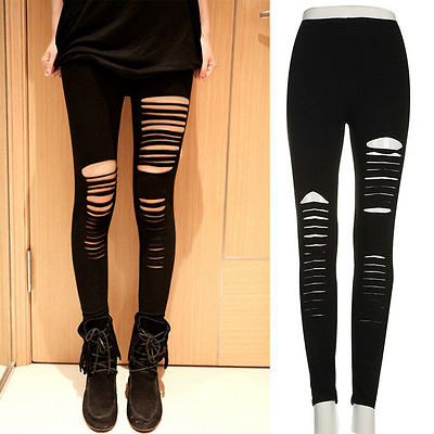 Sexy Women Goth Punk Slashed Ripped Cut Out Slit Stretch Pants Leggings Black Hold Women Pencil Leggings