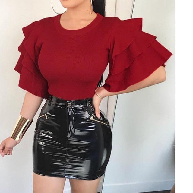 Sexy Women Multi Layer Ruffle Wide Sleeve T-Shirt Casual Slim Solid Top Shirt Summer Streetwear