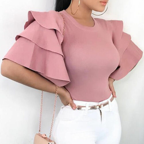Sexy Women Multi Layer Ruffle Wide Sleeve T-Shirt Casual Slim Solid Top Shirt Summer Streetwear