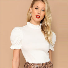 Load image into Gallery viewer, Sheinside Frill Neck Puff Sleeve Solid Tee Elegant T-shirts for Women  Short Sleeve Tops 2019 Slim Fit Beige Female T-shirt