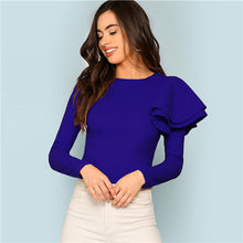 Load image into Gallery viewer, Sheinside Office Ladies Blue Long Sleeve T Shirt Women 2018 Autumn Zip Back Ruffle One Sleeve Tee Elegant Plain Womens T-shirt