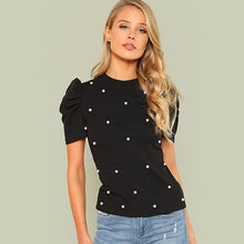 Load image into Gallery viewer, Sheinside Pearl Beaded Puff Sleeve Tee Women Black Stretchy Short Sleeve Plain Regular Fit Top 2018 Summer OL Elegant Tee