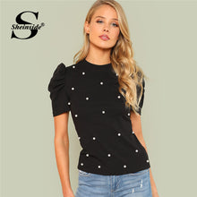 Load image into Gallery viewer, Sheinside Pearl Beaded Puff Sleeve Tee Women Black Stretchy Short Sleeve Plain Regular Fit Top 2018 Summer OL Elegant Tee