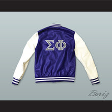 Load image into Gallery viewer, Sigma Phi Society Fraternity Blue and White Lab Leather Varsity Letterman Jacket