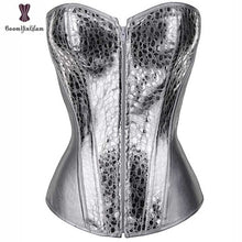 Load image into Gallery viewer, Silver Corset Top Shining Twinkle Faux Leather Overbust Bustier Front Zipper Blink Corselet Elastic Boned Gothic Clubwear Korset