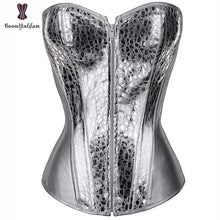 Load image into Gallery viewer, Silver Corset Top Shining Twinkle Faux Leather Overbust Bustier Front Zipper Blink Corselet Elastic Boned Gothic Clubwear Korset