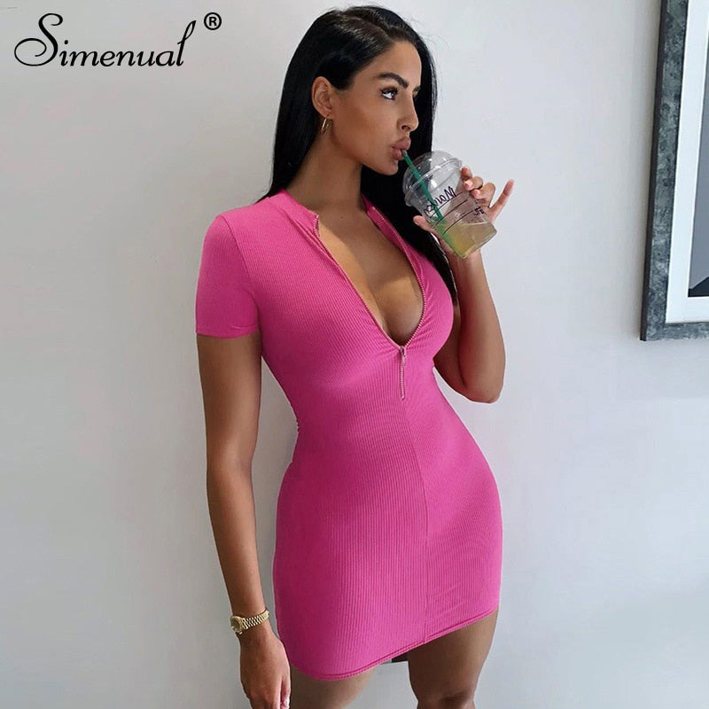 Simenual Ribbed Skinny Bodycon Dresses Women Short Sleeve 2020 Summer MIni Dress Zipper Sexy Fashion Slim Solid Club Party Dress