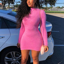 Load image into Gallery viewer, Simenual Sexy Hairy Bodycon Dress Women Autumn 2019 Fashion Dresses Party Long Sleeve Clubwear Furry Solid Basic Mini Dress Slim