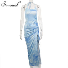 Load image into Gallery viewer, Simenual Tie Dye Drawstring Side Slit Women Maxi Dresses Strap Sleeveless Party Club Fashion Slim Backelss Bodycon Halter Dress