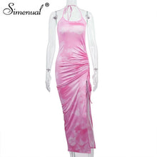 Load image into Gallery viewer, Simenual Tie Dye Drawstring Side Slit Women Maxi Dresses Strap Sleeveless Party Club Fashion Slim Backelss Bodycon Halter Dress