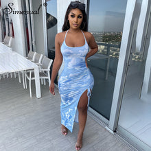 Load image into Gallery viewer, Simenual Tie Dye Drawstring Side Slit Women Maxi Dresses Strap Sleeveless Party Club Fashion Slim Backelss Bodycon Halter Dress