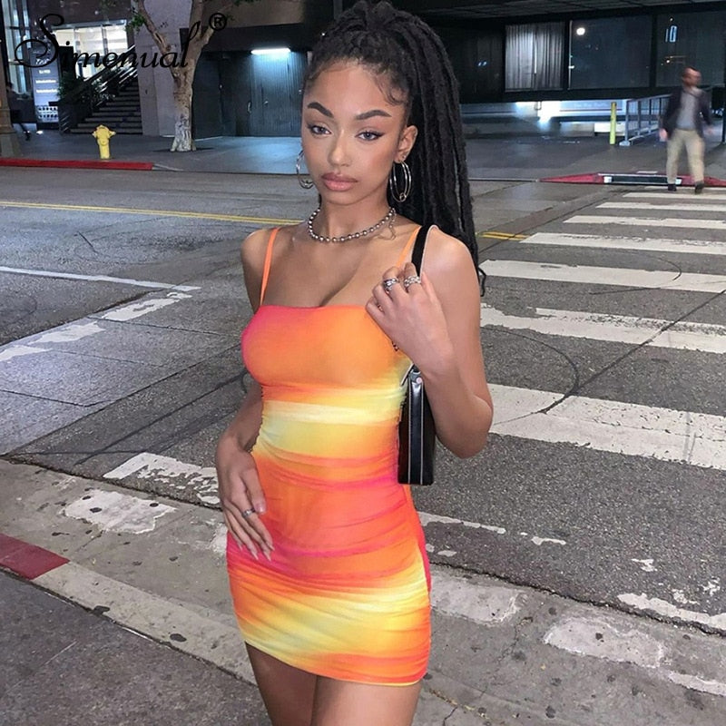 Simenual Tie Dye Orange Ruched Women Mini Dresses Strap Sexy Party Clubwear Backless Criss Cross Summer Bodycon Skinny Dress New