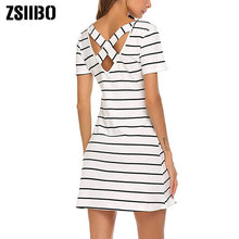 Load image into Gallery viewer, Simple Fashion Dress Lady Summer Large Size Mini Swing Dress Casual Stripe Criss Cross Short Sleeve T-Shirt Mini Dress