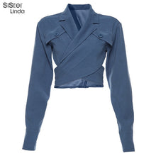 Load image into Gallery viewer, Sisterlinda Casual Blue Cropped Tops Woman Short Hollow Out Jacket Women Outwear 2019 Fall Retro Jacket Mujer Slim Soft Jackets