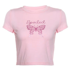 Load image into Gallery viewer, Sisterlinda Cotton Cute Butterfly Print Crop Tops Women T-shirts 2019 High Street Tees Basic Slim Short Sleeve Lady Tops Mujer