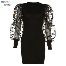 Load image into Gallery viewer, Sisterlinda Patchwork Mesh Lace Up Sexy Dress Women O-neck Lantern Sleeve Bodycon Mini Dresses Mujer 2020 Club Party Night Dress