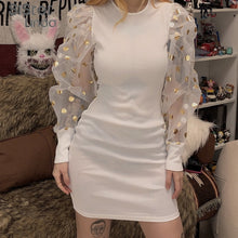 Load image into Gallery viewer, Sisterlinda Patchwork Mesh Lace Up Sexy Dress Women O-neck Lantern Sleeve Bodycon Mini Dresses Mujer 2020 Club Party Night Dress