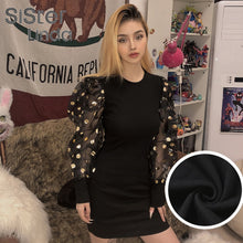 Load image into Gallery viewer, Sisterlinda Patchwork Mesh Lace Up Sexy Dress Women O-neck Lantern Sleeve Bodycon Mini Dresses Mujer 2020 Club Party Night Dress