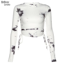 Load image into Gallery viewer, Sisterlinda Tie Dye Print Knitting Crop Tops Women T-shirt O-neck Elasticity T Shirt Full Sleeve Skinny Tshirt Mujer Tees 2020