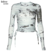 Load image into Gallery viewer, Sisterlinda Tie Dye Print Knitting Crop Tops Women T-shirt O-neck Elasticity T Shirt Full Sleeve Skinny Tshirt Mujer Tees 2020